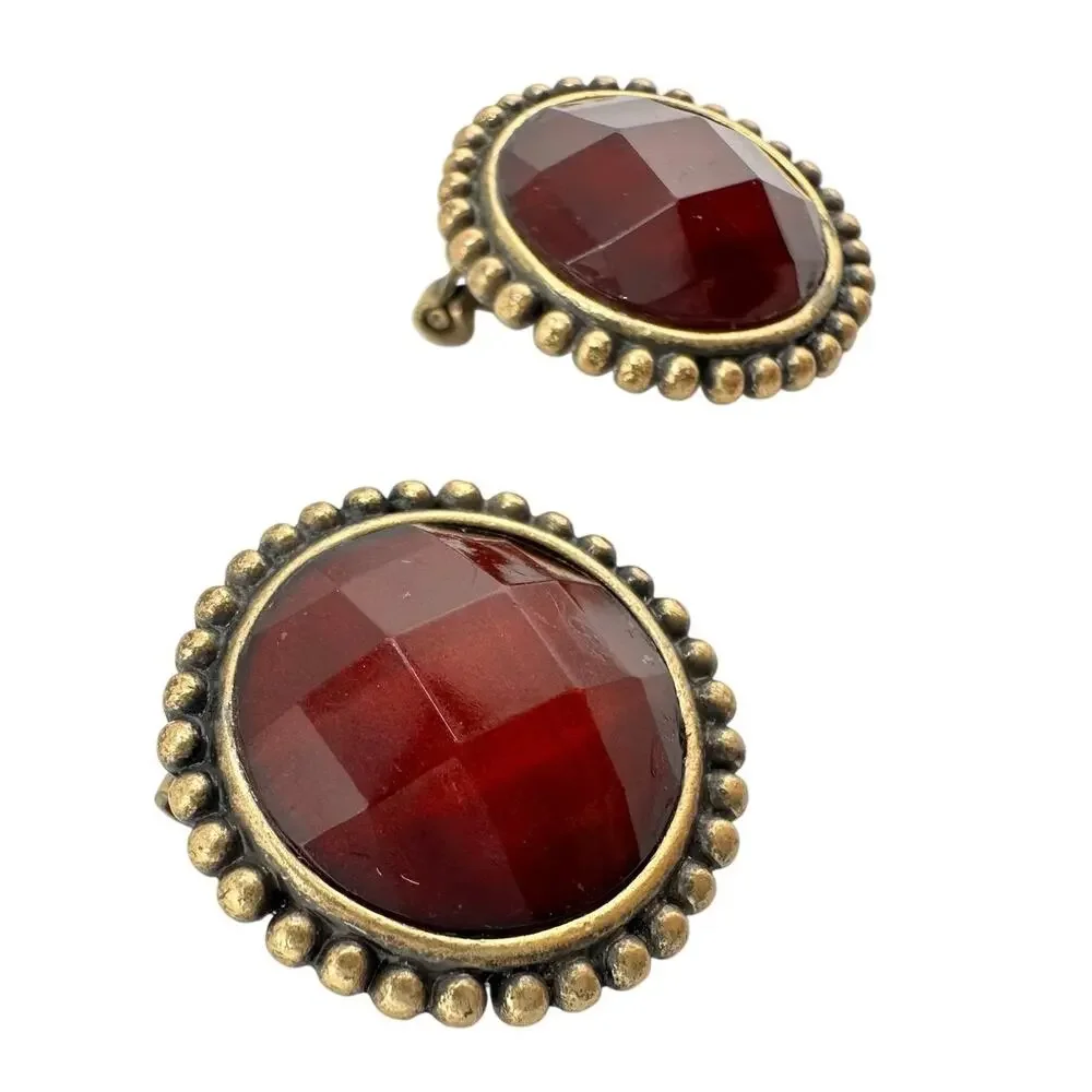 Liz Claiborne Red Rhinestone Antiqued Gold Tone Modern .75